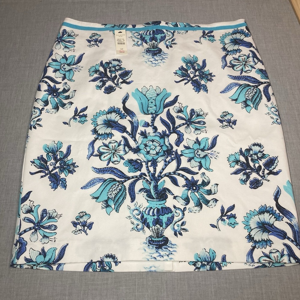 NWT Talbots Petites Blue White Floral Vase Print Pencil Skirt Size 14 NEW Flower